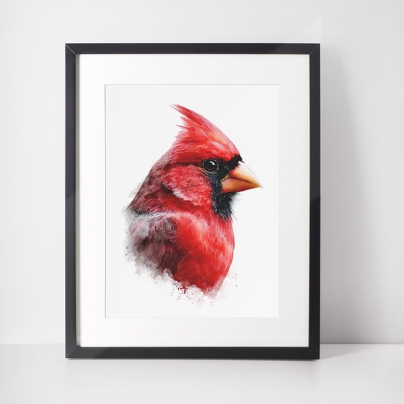 Watercolor Red Cardinal Bird Portrait Wall Art Print Unframed - Picture 3 of 6